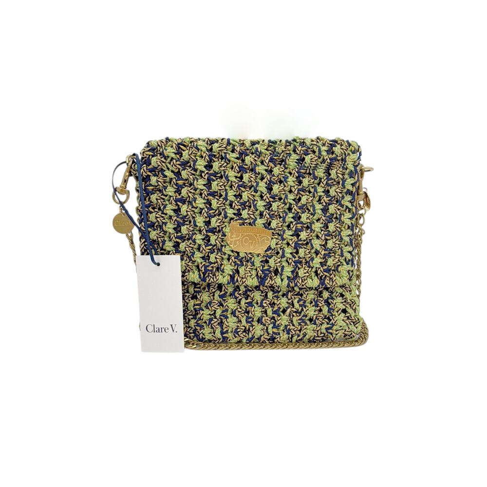 CLARE V. Ramya Bag in Green & Navy Metallic Crochet